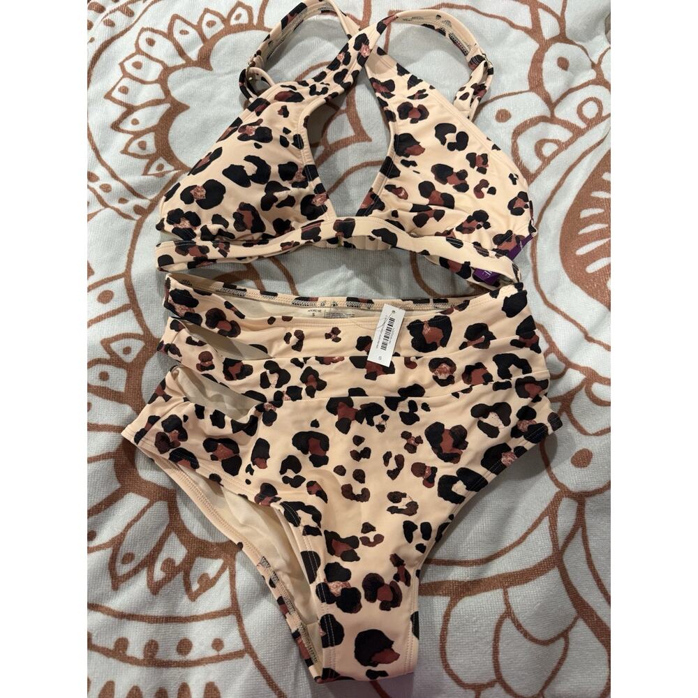 NWT Adore Me Two Piece Leopard High Waisted Swimsuit Bikini Size S